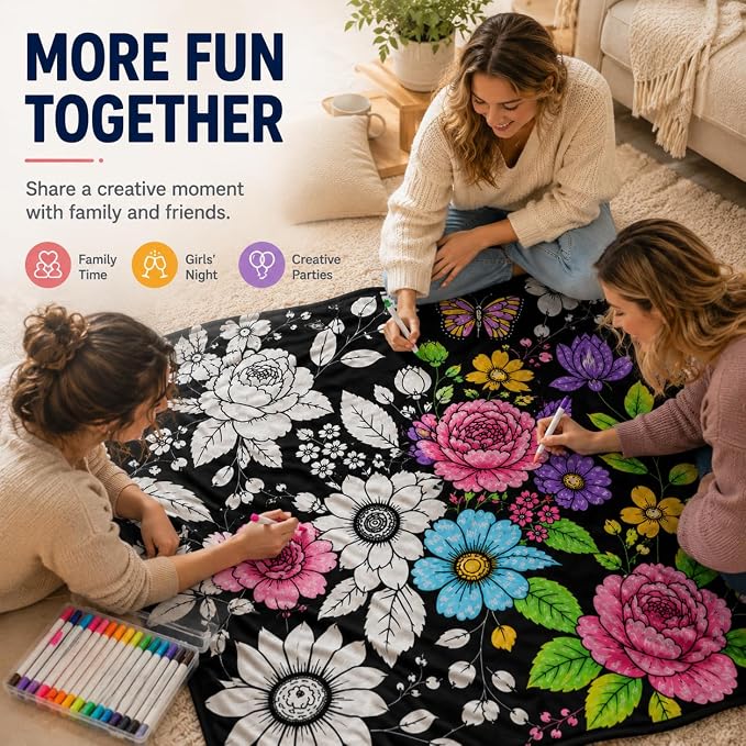 VEELU DIY Coloring Blankets with 24 Colors Markers for Adults | Custom Color In Your Own Blankets With 24 Colors Markers, Snuggle Color Sketch Washable Blankets Kit Home Decor