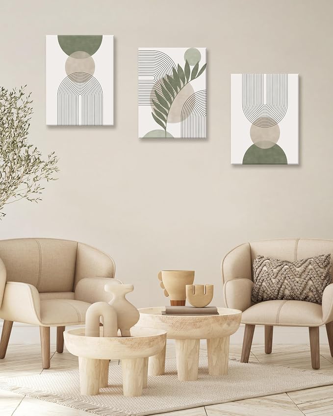 HesenDot 40x60CM Sage Green Boho Wall Art, Botanical Geometric Framed Canvas Bathroom Wall Art, Mid-Century Modern Wood Frame Abstract Prints for Living Room Bedroom Bathroom Home Decor, Set of 3