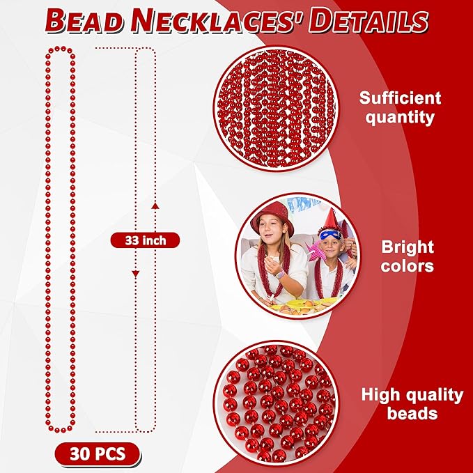 30PCS Beads Necklace, Red Valentines Necklace Stuff Party Favors, 33" Red Necklaces Festival Parade Throw Accessories for Wedding Birthday Valentines Mardi Gras Christmas Celebrations Decorations