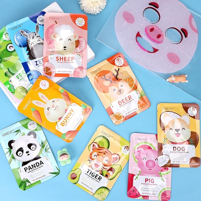 36 Pack Cute Animal Kids Face Mask, Sheet Collagen Moisturizing Face Mask for Girls Teens, Easter Basket Stuffers, Bulk Spa Party Gifts and Birthday Gifts