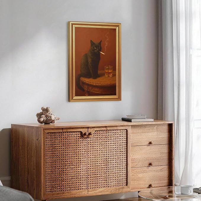 ICHZUMW Gold Framed Funny Black Cat Whiskey Vintage Canvas Wall Art 16x24In | Funny Cat Smoking Cigarette Picture, Quirky Animal Bar Wall decor, Bathroom Man Cave Bedroom, Fade Resistant, Ready to Hang