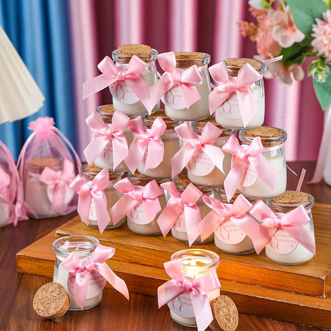 Threlaco 20 Pcs Bow Baby Shower Favors Party Candle Lavender Scented Glass Mason Jar Wax Candle Bulk for Guests Girl Boy Gender Reveal Party Gifts(Pink)