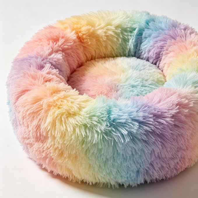 Cat Beds for Indoor Cats - Anti Anxiety Round Dog Beds for Small Medium Dogs, Fluffy Plush Faux Fur Pet Bed (Rainbow, Large 24" L x 24" W)