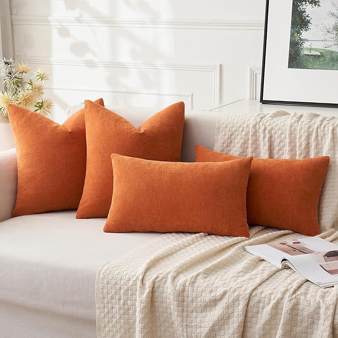 MIULEE Fall Orange Chenille Couch Throw Pillow Covers, 20x20 | Set of 2, Soft Farmhouse Modern Home Decor, Decorative Pillowcases for Sofa Living Room Bed