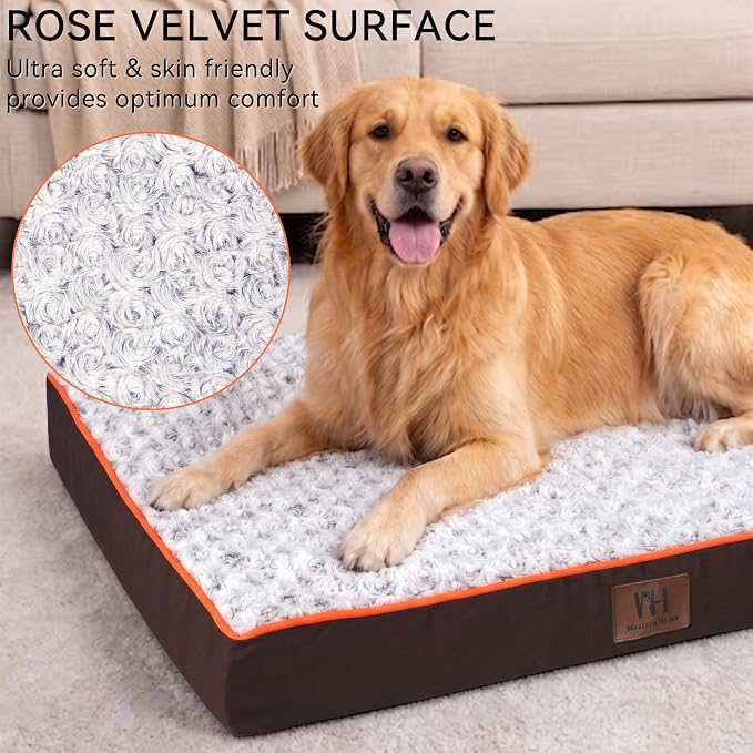 WESTERN HOME WH Orthopedic XL Dog Bed Extra Large Washable Pet Bed, 42in | Waterproof Liner,Removable Cover,Thick Egg Crate Foam for Joint Support,Nonskid Bottom,OEKO-TEX Certified,Brown,Up to 92 Lbs
