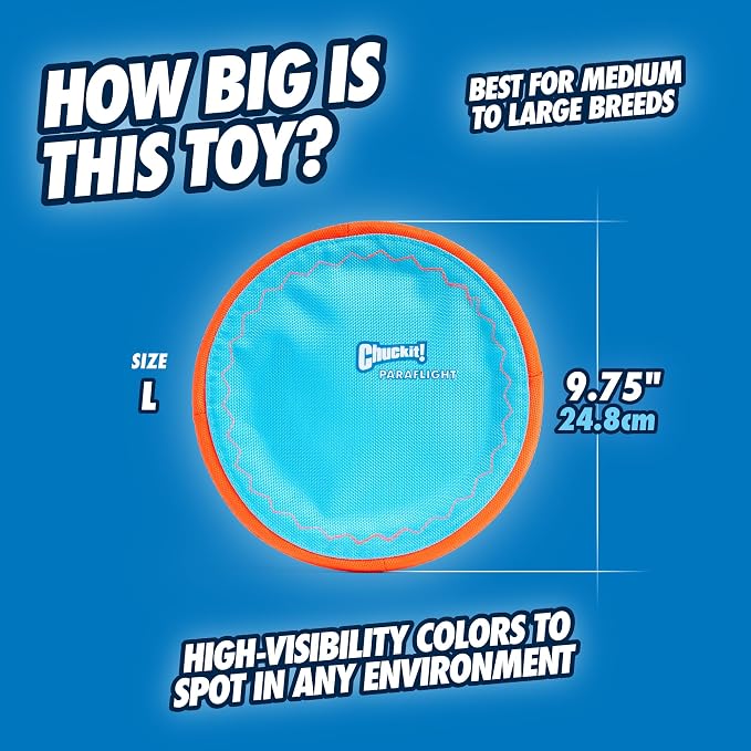 Chuckit! Paraflight Flying Disc Dog Toy, Floats, Size Large, 1 Pack | Made from Durable Nylon with Soft Rubber Edges, This Water-Floating Flyer Is Built for Fetch on Land or in the Lake