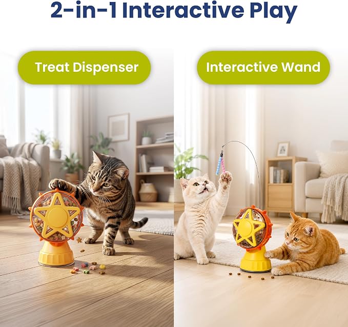 PAWSPIK 2-in-1 Interactive Spinning Wheel Snack Feeder & Teaser Cat Toy