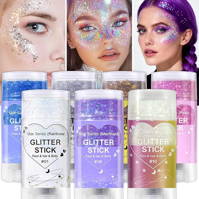 Purple Body Glitter Stick, Sparkling Hair Glitter for Kids and Women, Waterproof Face Hair and Body Glitter Makeup, Rave Accessories Carnival Chunky Sequins