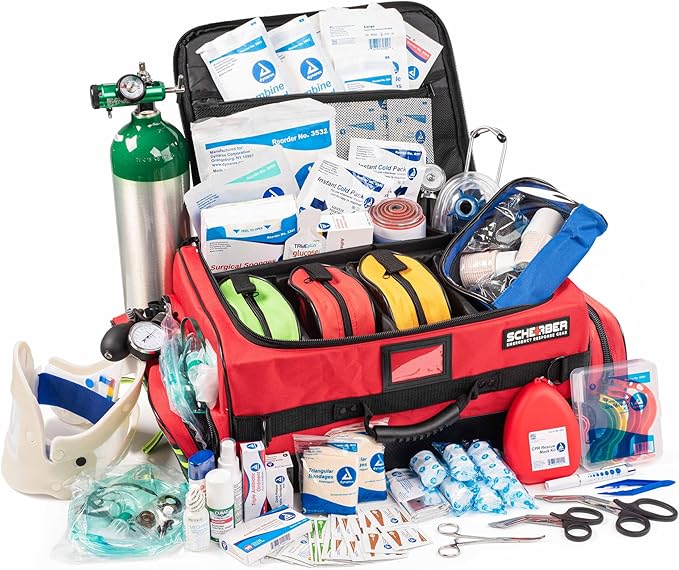 Scherber Fully Stocked First Responder Ultimate Professional EMT/EMS Trauma Kit | HSA/FSA Approved | w/10+ Compartments, Zippered Pockets, Dividers, Oxygen Access & 260+ First Aid Supplies (Red)