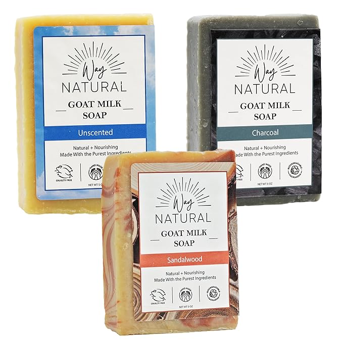Goat Milk Soap Bar (Variety 3 Pack) - Natural Bar Soap for Men & Women - Handmade w/Real Milk, Hands/Body - Premium, Gentle, No Dyes - (Large, 5oz) Sandalwood, Charcoal, Unscented