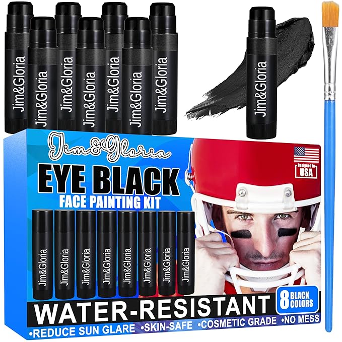 Jim&Gloria Water Resistant Under Eye Black Baseball Drip Accessories for Athletes, Anti-Glare Eyeblack Softball Stuff Lacrosse Football Gear Soccer Game Day Team Sports Gift - 8 Black Face Paint Stick