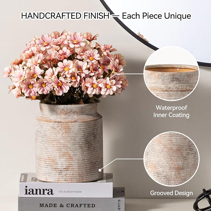 Ceramic Flower Vase 6.5 inch Farmhouse Rustic Vase for Home Decor Handcrafted Pottery Vase Small Terracotta Vases for Dining Table Decor Fireplace Living Room Bathroom Wedding Centerpiece(S-Terra)