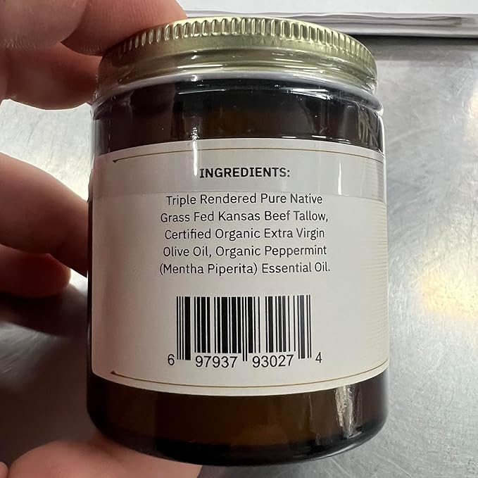 Grass Fed Beef Tallow Balm - 4 oz - Made in USA - Organic Grass Fed and Finished Tallow - Moisturizing Skin Care Peppermint