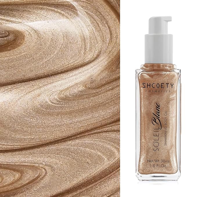 Shimmer Body Oil with Vitamin E, Body Glow Oil for Women, Long Lasting Waterproof & Moisturize for All Skin, Liquid Highlighter Makeup with Brush, Travel Size for Date, Wedding, Party, Rose Gold