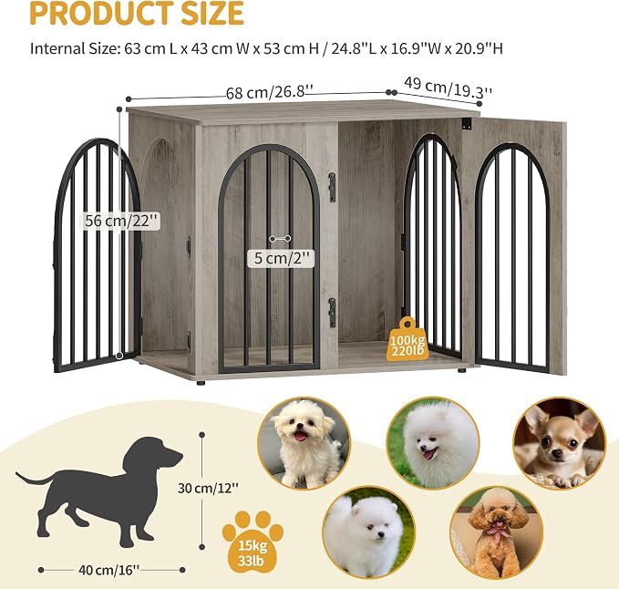 Hzuaneri 26.8'' Dog Crate Furniture, Dog Kennel Indoor for Small Dogs | Dog Kennel Furniture Wooden Dog Cage Heavy Duty Dog Crate Decorative Pet House End Side Table TV Stand,Greige Black DFC85505B