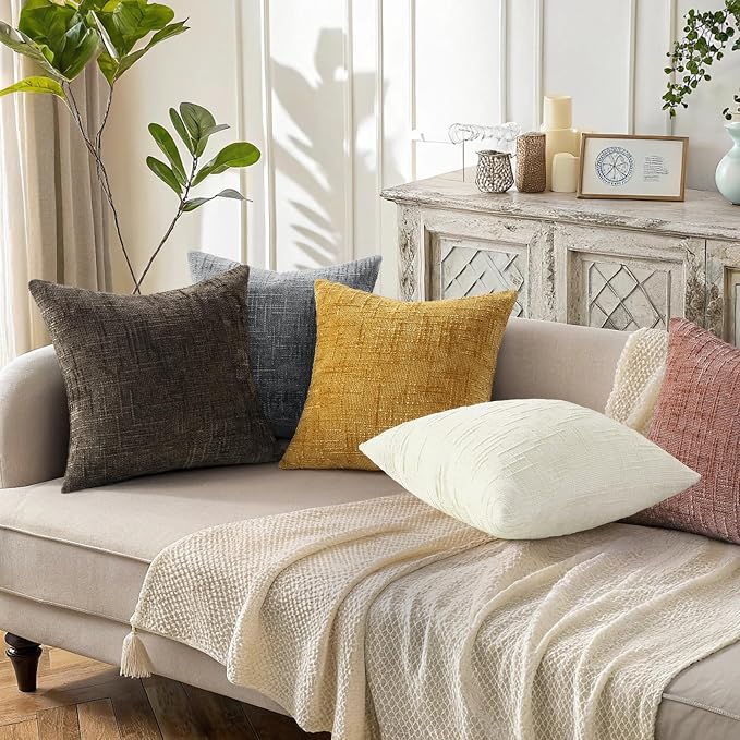 decorUhome Textured Chenille Throw Pillow Covers 18x18 Set of 2 Pink | Fall Modern Farmhouse Soft Cozy Slubby Couch Pillow Cases Boho Decorative Pillow Cases for Bed Sofa Living Room Home Decor