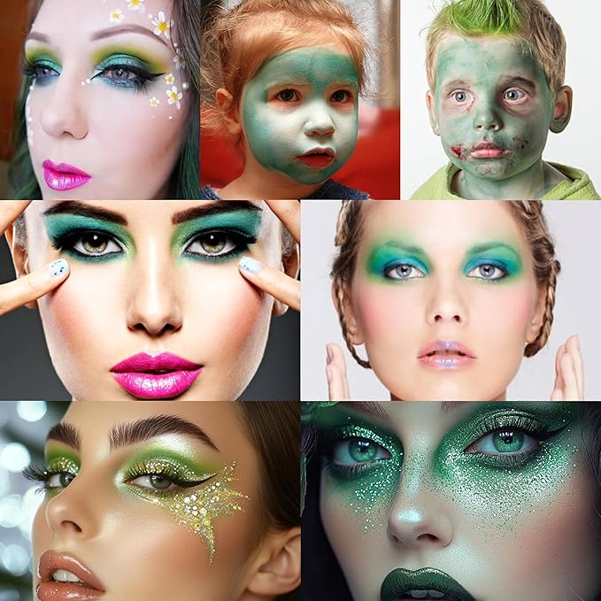 9 Colors Green Glitter Matte Eyeshadow Makeup Palette, Elphaba Witch Costume Eyeshadow Makeup, Highly Pigmented Bright Neon Dark Green Eye Shadow for Fairy Joker Goth Wicked Halloween Parties Makeup