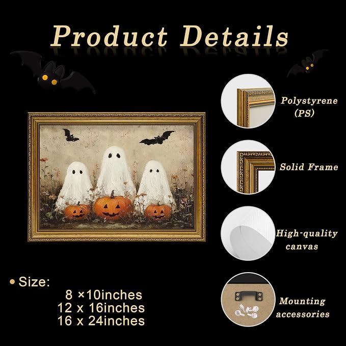 JLTULT Cute Ghost Halloween Wall Art, Vintage Framed Canvas, 16 x 24 In | Cute ghosts and pumpkins on fade-resistant canvas with a ready-to-hang ornate PS frame for entryways and Halloween displays