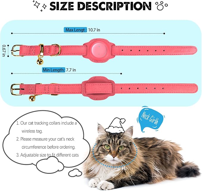 Cat Tracker, GPS Pet Tracker for Cats (Only iOS), Leather Cat Collar with Tracker, Works with Any Collar, No Monthly Fee, Compatible with Apple Find My App not for Android (Pink)