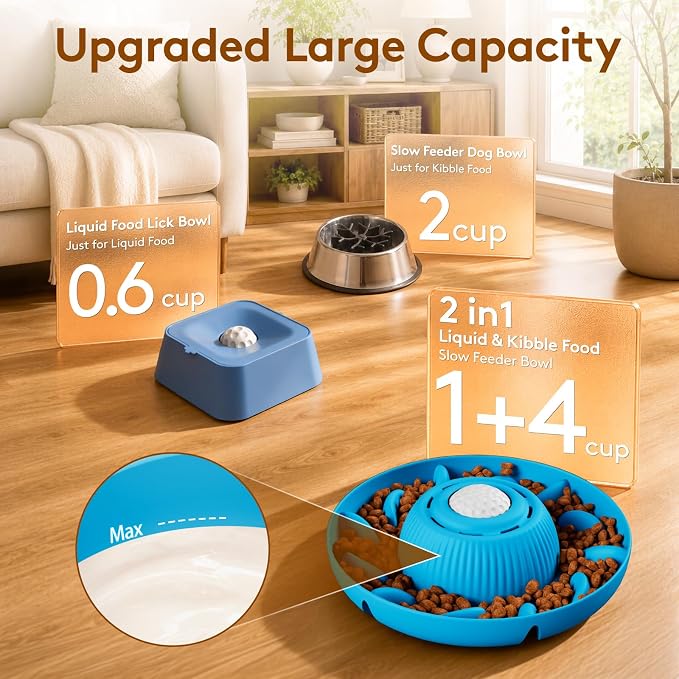 Slow Feeder Dog Bowls 2 in 1 Liquid Treat Dog Lick Bowl and Dog Bowls – 5‑Cup Large Capacity, Liquid and Solid Food Treat Dispenser for Slowing Down Eating for Large Medium Small Dogs and Cats (Blue)