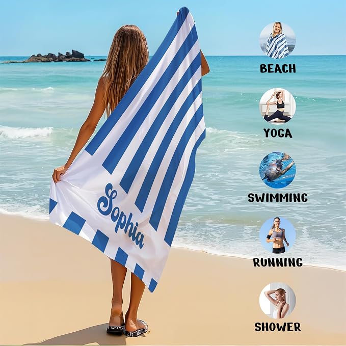 JML Personalized Beach Towel with Name, Custom Cabana Stripe Beach Towel, Customized Microfiber Pool Towel, Quick Dry & Absorbent Swim Towel for Adult,Mother's Day, Birthday, Summer Holiday,Vacation