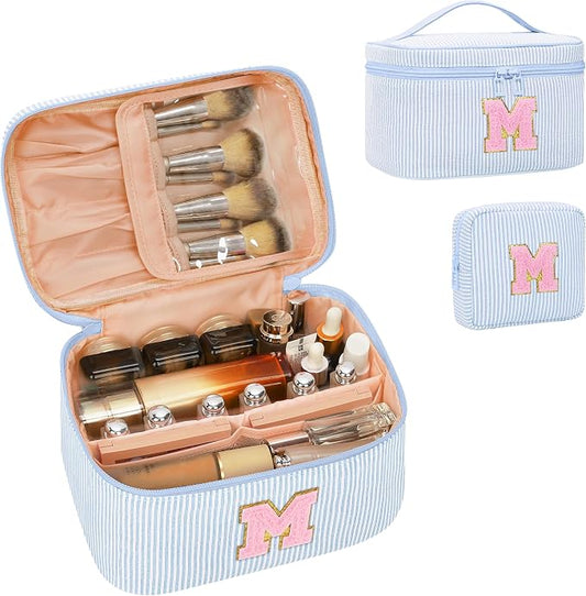 MONSTINA Mom Gifts for Mom, Personalized Initial Makeup Bag Cosmetic Bags for Women Cute|Makeup Pouch Birthday Gifts for Mother,Birthday Gift for Her Cute Toiletry Bag,2PCS Blue M