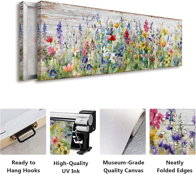Rustic Wildflower Wall Art Colorful Farmhouse Floral Scenery Picture Decor Watercolor Flower Landscape Wood Grain Prints Painting Artwork for Living Room Office Bathroom Bedroom Home Decoration 14x48"