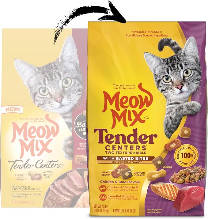 Meow Mix Tender Centers, Dry Cat Food, Chicken & Tuna Flavors, 4 Bags | 3-lb bags, two texture kibble, meaty center surrounded by a crunchy outer layer, basted bites for irresistible flavor