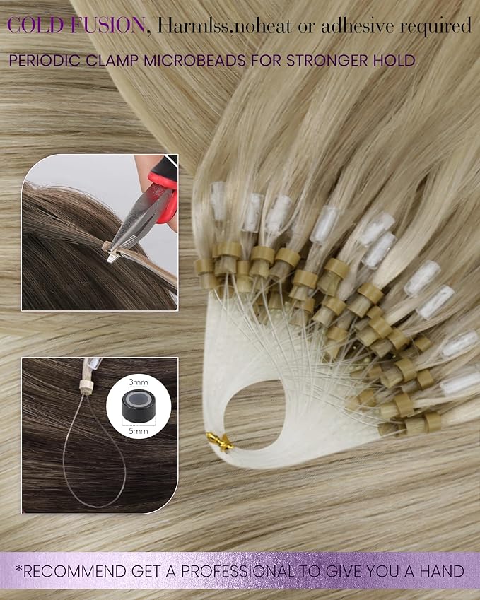 LaaVoo Micro Link Hair Extensions Human Hair Golden Blonde Highlights Light Blonde Micro Ring Hair Extensions Human Hair 24in 50g 50s