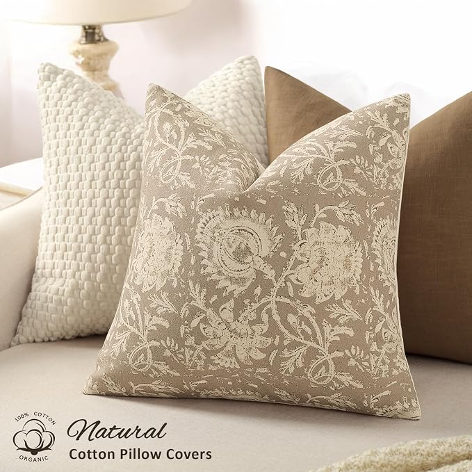 Vintage Floral Print Throw Pillow Covers 26x26 Set of 2 Neutral Modern Farmhouse Pillowcases Accent Decorative Cushion Covers Boho Home Decor for Couch Sofa Chair Bed Living Room, Latte