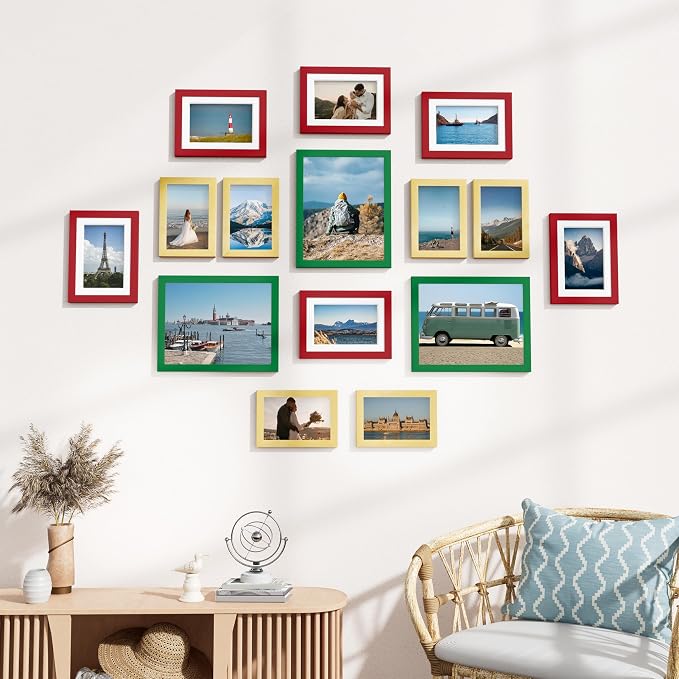 Vittanly 15 Pack Gallery Wall Frame Set, Green, Red, Gold | Picture Frames Collage Wall Decor: 3pcs 8x10, 6pcs 5x7, 6pcs 4x6. Picture Frame Set for Wall or Tabletop Display