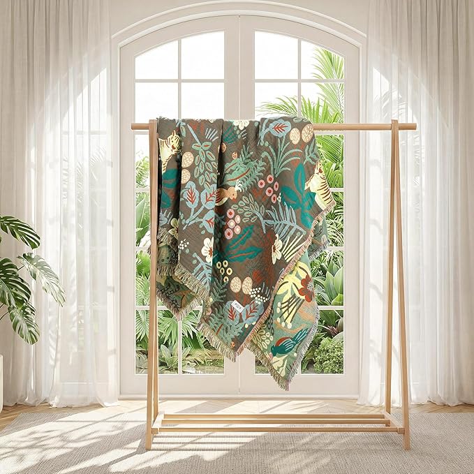 LUTBM Boho Throw Blanket for Bed Cotton Soft Lightweight Quilt Summer Blanket Twin Forest Tiger Embroidery Home Decor Breathable Bed Blankets,60"x80" All Season Throw for Sofa Couch Chair
