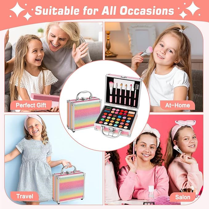 Anpro All-in-One Makeup Kit for Girls 10-12 with Case, Pro Teen Makeup Set, Tween Makeup Kit, Full Starter Make Up Kit with Brushes, Eyeshadow Palette, Blushes, Glitter Gel, Temporary Tattoo Stickers