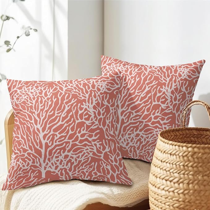 Nautical Coastal Pillow Covers 24x24 Inch Set of 2 Summer Ocean Beach Coral Red Decorative Pillow Cases Outdoor Linen Cushion Cover Farmhouse Decor for Bedroom Home Sofa Couch Bed