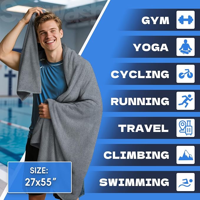 Microfiber Gym Towels for Showering Working Out Quick Dry Negative ions Large Middle Small Sizes Lightweight Gym Towel for Men Women Tennis Sports Towels for Body Hot Yoga Fitness Essentials