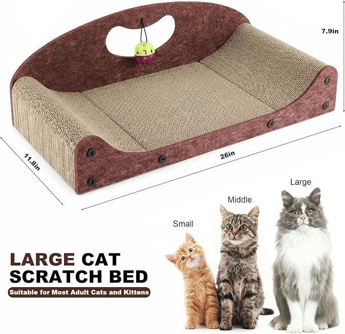 26" Cat Scratcher Bed, Large Scratcher Couch for Indoor Cats, Cardboard Scratcher Sofa, Durable Scratch Pad with Ball, Furniture Protector (Brown, Large)