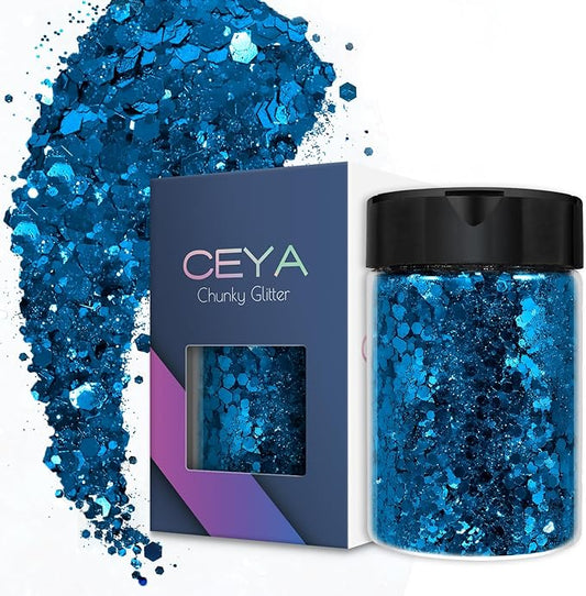 Ceya Chunky Glitter, 4.9oz/ 140g Admiral Blue Craft Glitter Powder Mixed Fine Flakes Iridescent Nail Sequins for Nail Art, Hair, Epoxy Resin, Tumblers, Slime, Painting, Festival Decor