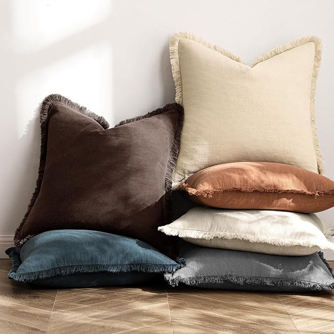 MIULEE Linen Fringe Decorative Fall Throw Pillow Covers Dark Brown 18x18 | Set of 2, Cottagecore Decor, Boho Farmhouse Neutral Pillow Covers, Rustic Fall Couch Cushion Cases for Sofa Bed Living Room