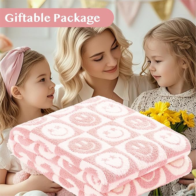 Soft Checkered Throw Blanket for Couch-Cozy Warm Knitted Blankets | Lightweight Warm Fluffy Decor for Women, Mom, Her & Girls, Sofa, Chair, Bed, 50x60in,Blossom Smiling Face