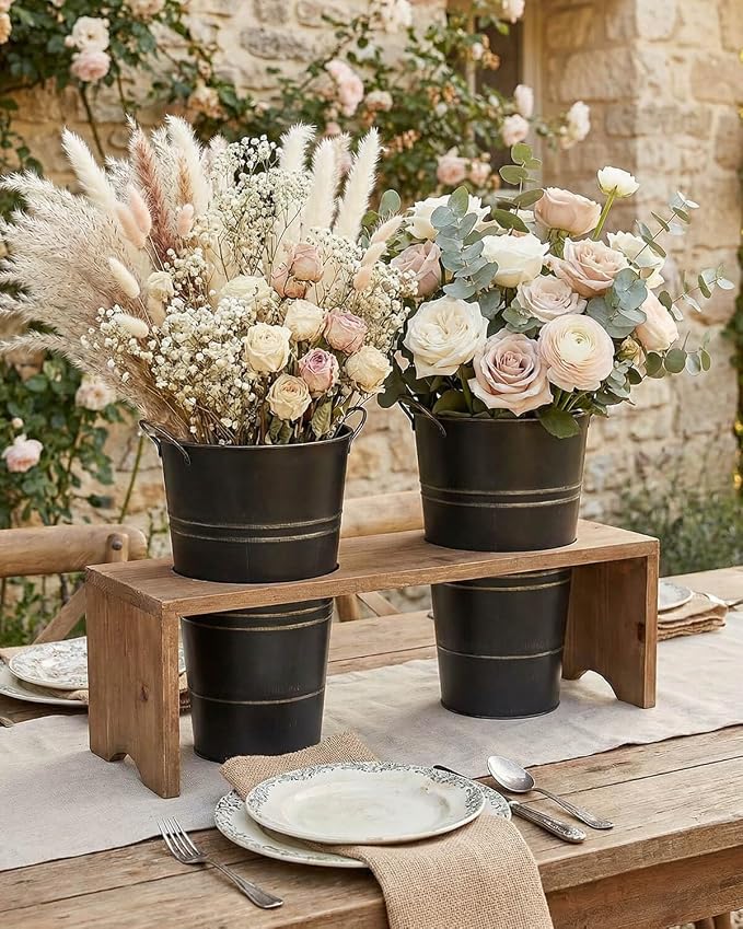 12 Inch Galvanized Metal Vase, 6 Pack Tall Flower Buckets with Handles | Galvanized metal flower buckets with handles, rustic tall vase design for dried flowers, weddings, farmhouse and home decor.