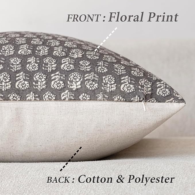 Foindtower Set of 2 Decorative Neutral Floral Print Throw Pillow Covers Vintage Accent Farmhouse Cushion Covers Boho Home Decor for Sofa Couch Chair Bedroom Living Room,20×20 Inch,Rustic Gray