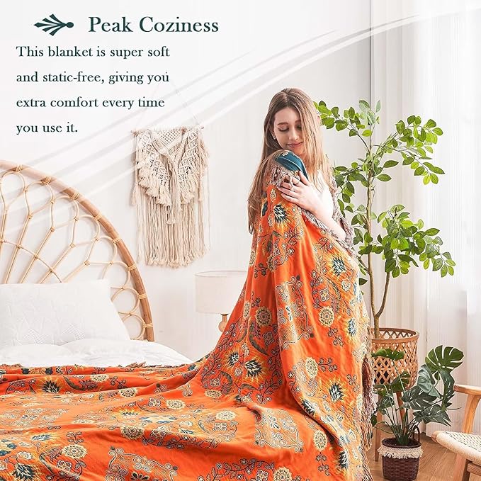 XIBLC Boho Throw Blanket 100% Cotton Ultra Soft Luxury Throw Rustic Quilt 50"x60" Floral Printed Farmhouse Decor Bed Summer Blankets All Season Rustic Reversible Bohemian Throw for Bed Orange