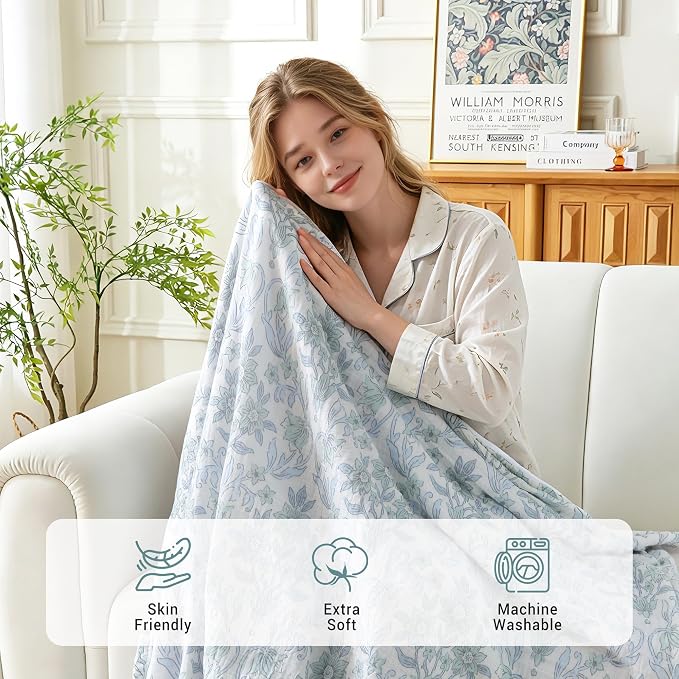 Viviland Cotton Muslin Blanket Reversible Fleece Blanket Lightweight Breathable Gauze Queen Size 90 x 90 Inches, Green Narcissus