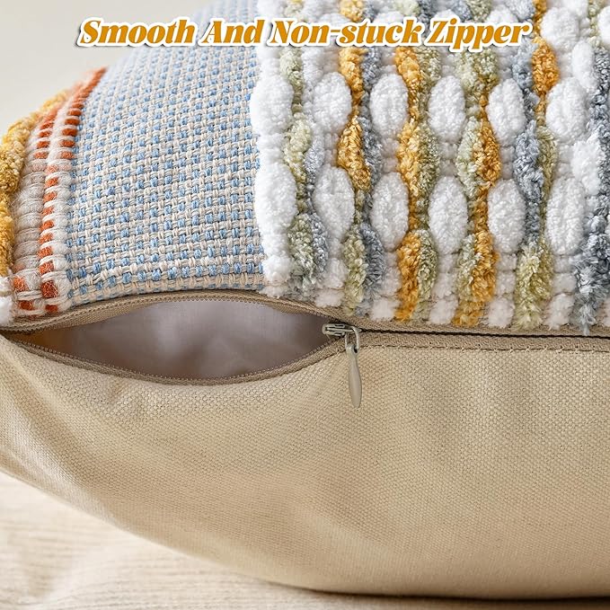 Chenille Striped Textured Boho Throw Pillow Covers Aesthetic with Tassels Woven Decorative Pillow Case for Couch Bed Sofa Bedroom Modern Funky 18 x 18-Inch Grey