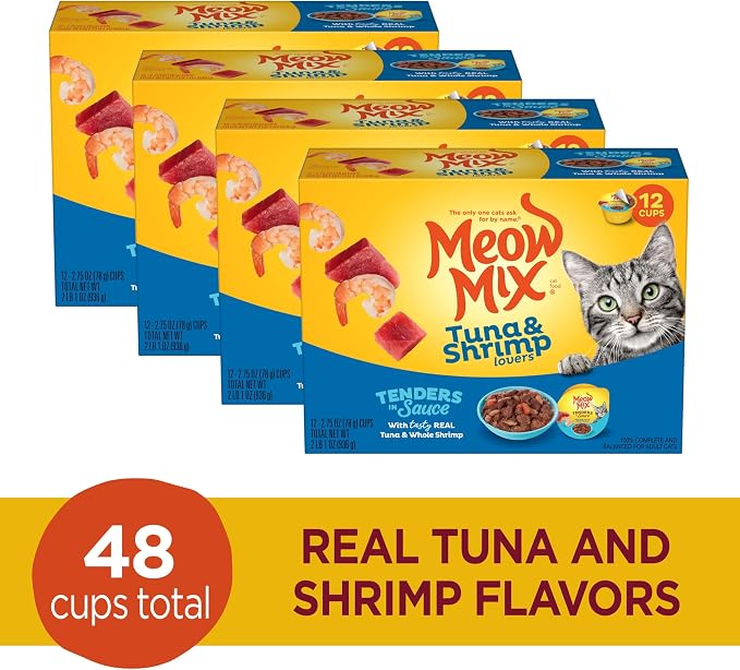 Meow Mix Tuna & Shrimp Lovers, Tenders in Sauce Wet Cat Food, 48 Cups