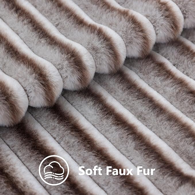decorUhome Fall Faux Fur Throw Pillow Covers 20x20 Set of 2 Brown White | Decorative Soft Cozy Striped Plush Modern Farmhouse Boho Couch Pillow Cases Velvet Back for Sofa Bed Living Room Home Decor