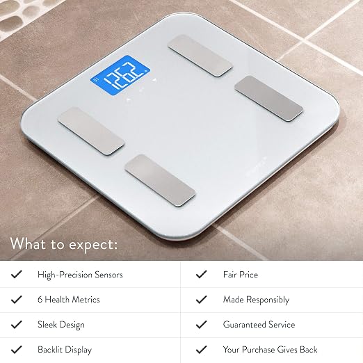 Greater Goods Body Fat Scale, Accurate Digital Weight and Health Metrics, Body Composition, and Weight Measurements, Glass Top, with Large Backlit Display (Silver)