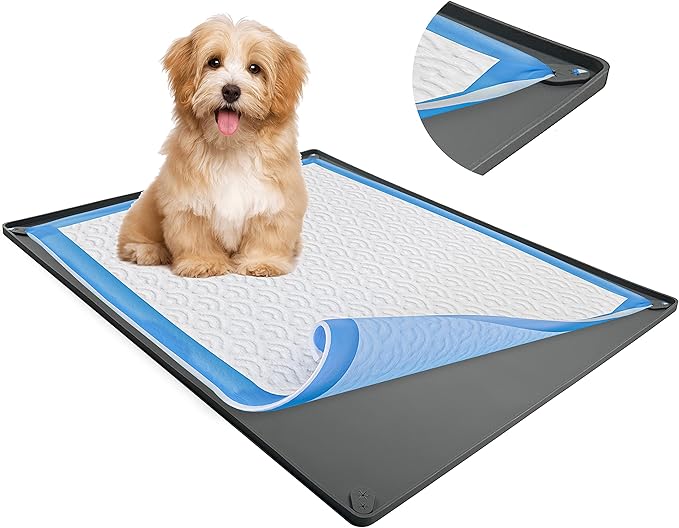 Dog Pee Pad Holder Tray Fits for 30” x 36” Pee Pads - 1 Pack - Grey | Corner Lock Holes, Raised Edges, Non-Spill, Easy to Clean Silicone Dog Potty Tray Holder, For Indoor Floor Protection