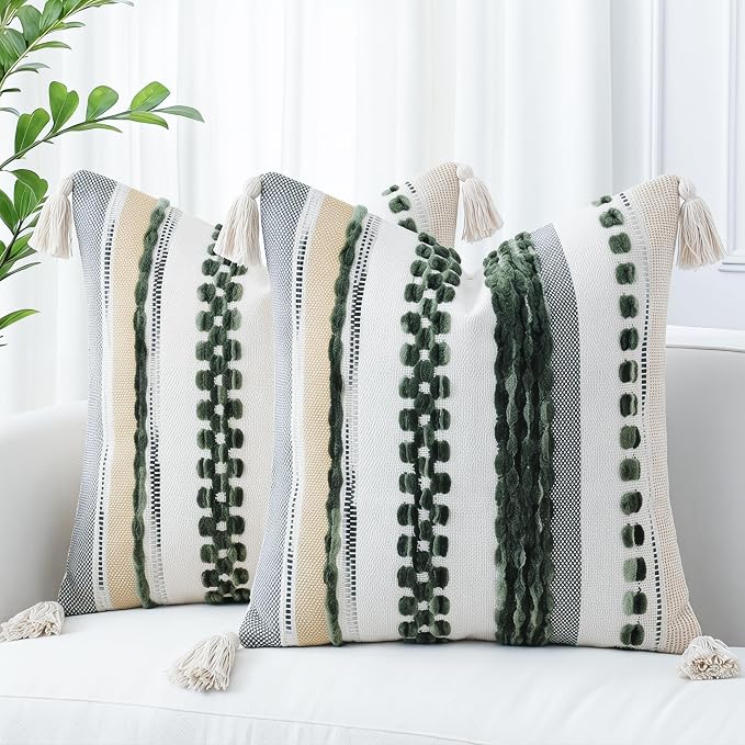PANOD Chenille Farmhouse Throw Pillow Covers 16 x 16 Dark Green, Neutral Boucle Couch Pillow Cover, Striped Decorative Boho Coushion Cover Pillow Case for Couch Bed Sofa Bedroom,Modern Accent,Set of 2