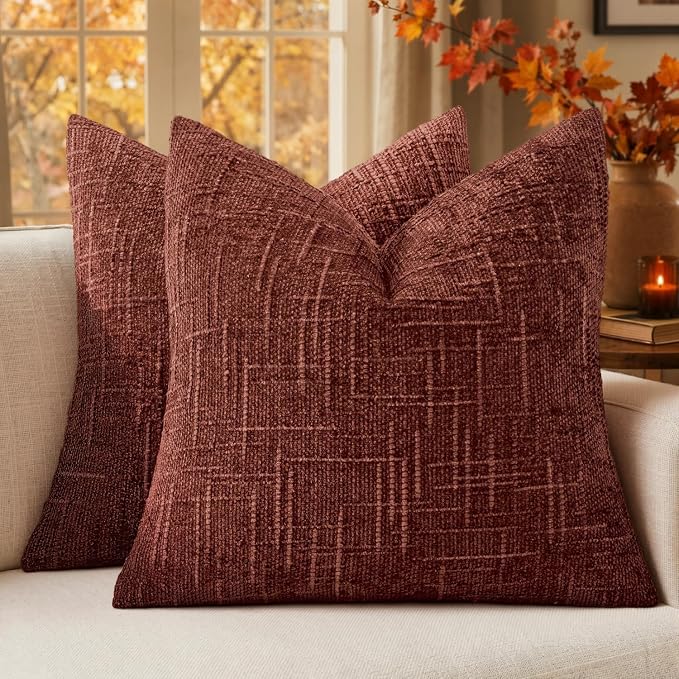 MIULEE Chenille Textured Fall Throw Pillow Covers Rust 18x18 Set of 2 | Slubby Decorative Pillows, Boho Farmhouse Rustic Home Decor, Modern Neutral Cushion Covers for Couch Sofa Bed Living Room